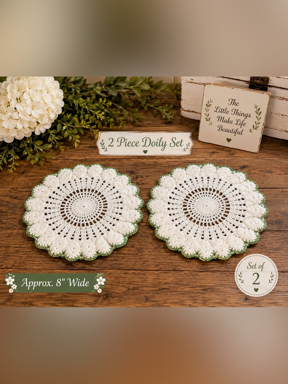 Source Unknown White & Green Crochet Doily Set - 2 Piece